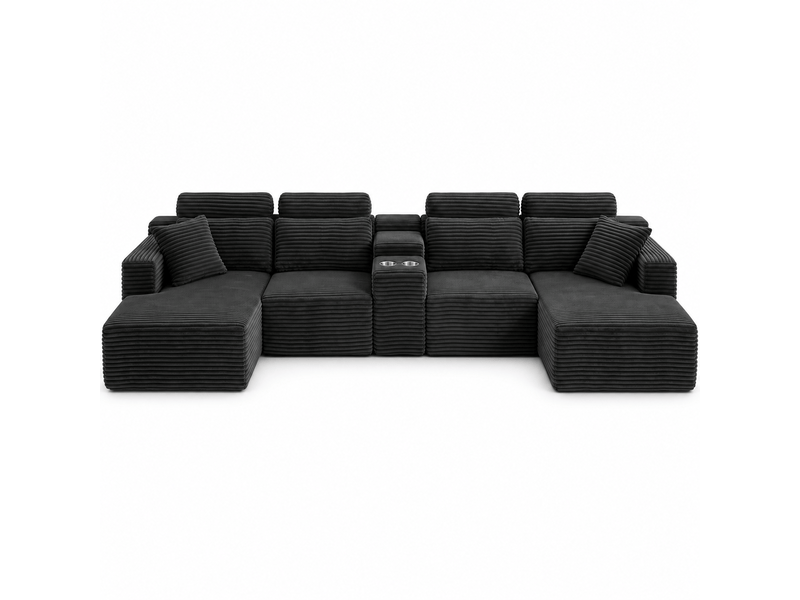  Canapé panoramique modulable compressé 6 places 372x151x80 cm, forme u, 2 porte-gobelets, sans structure, velours côtelé noir  - Conforama A