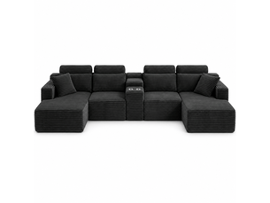 Canapé panoramique modulable compressé 6 places 372x151x80 cm, forme u, 2 porte-gobelets, sans structure, velours côtelé noir