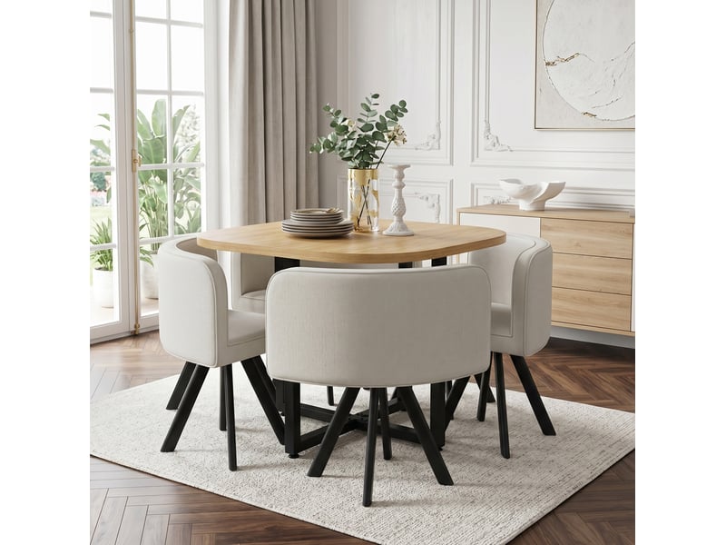  Table à manger et chaises carrée 85x74 cm, 4 places, coins arrondis, gain de place, mdf et lin, blanc et bois  - Conforama E
