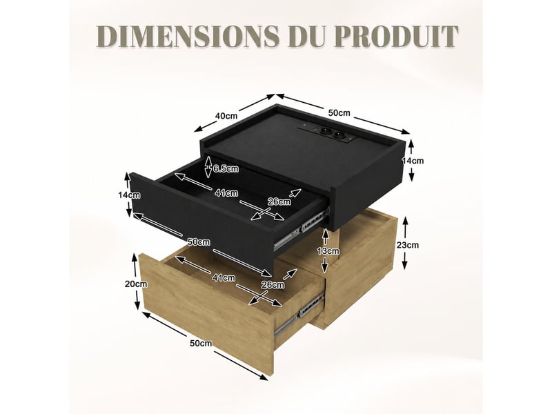  Table de chevet intelligente – charge sans fil, led et usb – 2 tiroirs, noir et naturel, 50 x 40 x 50 cm  - Conforama D