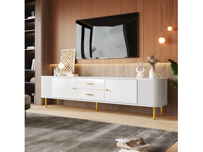  Meuble télévision 170x34x45 cm, bords arrondis, côtés ondulés, 2 tiroirs, 2 portes, espace de rangement, en mdf blanc  - Conforama E