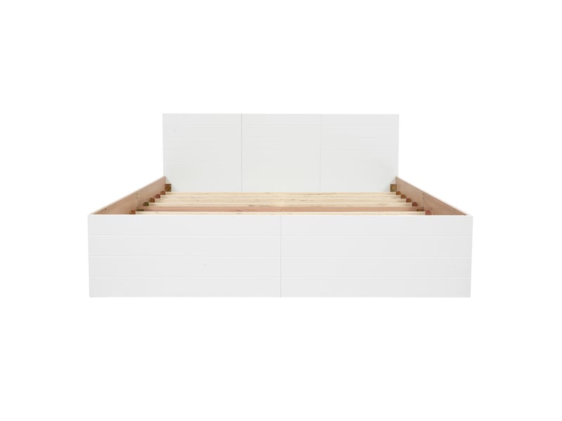  Lit double 160x200 cm en bois blanc et bois clair, 2 tiroirs, sommier inclus pour chambre moderne  - Conforama E