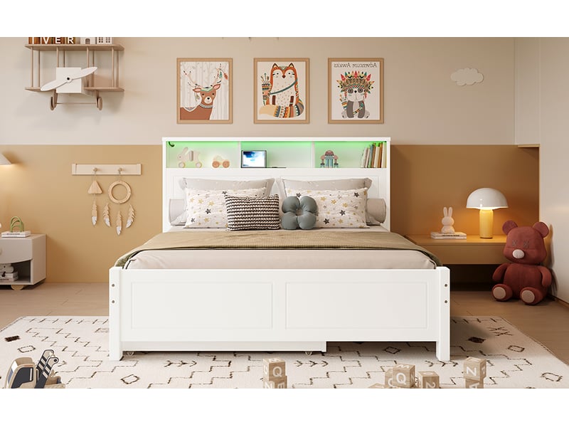  Lit gigogne 120x200 cm,lit gigogne 90x190 cm à roulettes, tête avec étagères, éclairage et recharge, pin et mdf, blanc  - Conforama B