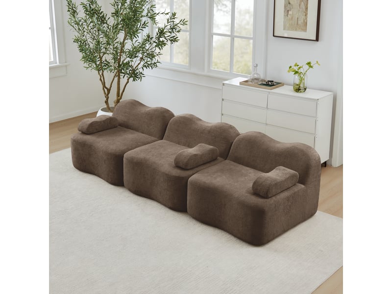 Canapé modulaire 3 places avec assise profonde et modules flexibles en velours marron pour salon  - Conforama D