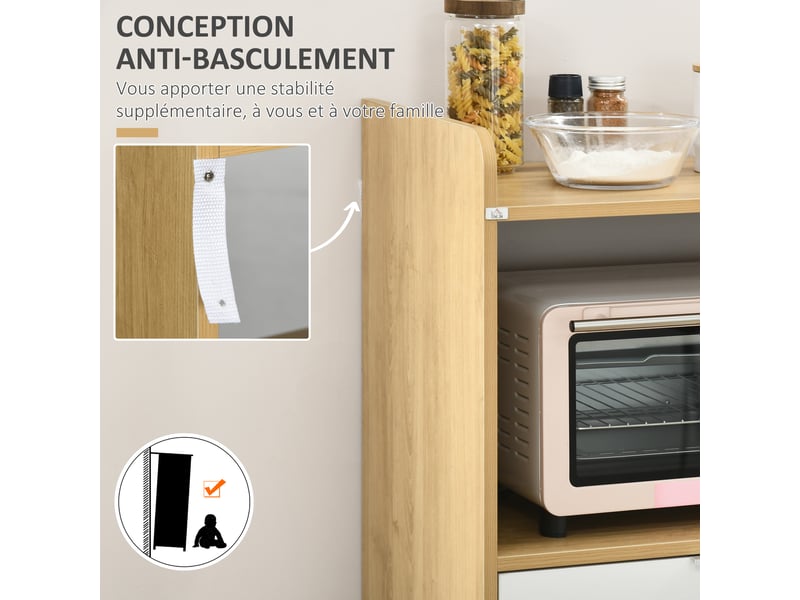  Meuble desserte de cuisine pour micro-ondes avec placard tiroir réglable étagère 58 x 40 x 118 cm naturel et blanc  - Conforama W