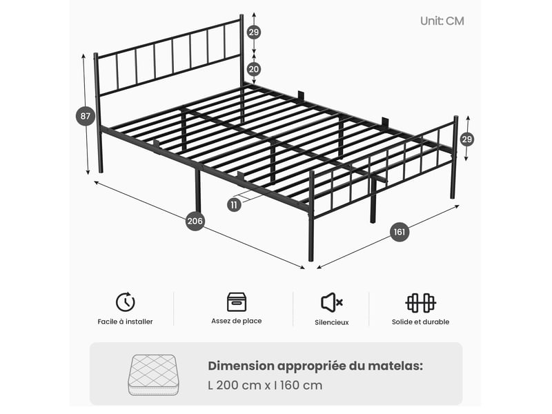  Lit 160x200 cm avec sommier à lattes métalliques, cadre de lit métallique robuste avec tête de lit, lit double, grand espace de rangement, montage facile, charge maximale 500 kg  - Conforama E
