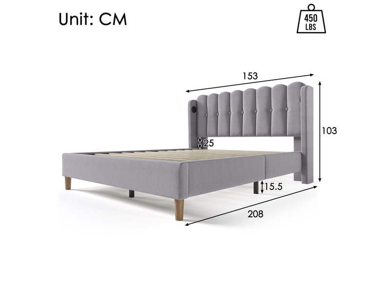  Lit rembourré tcqpz 140 x 200 cm avec usb et type-c gris en lin sommier à lattes  - Conforama C