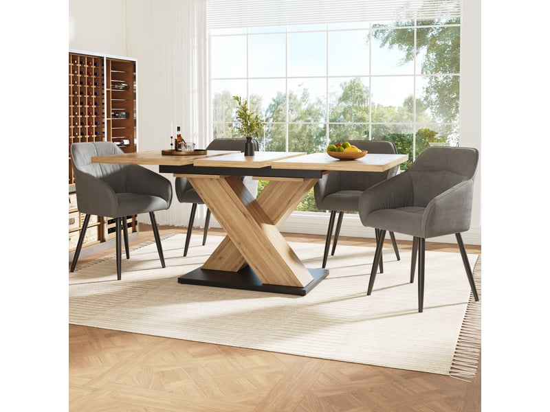  Table à manger extensible 119-158,5x80 cm, 6-8 personnes, avec rallonge intégrée, pieds croisés, mdf - bois naturel  - Conforama E