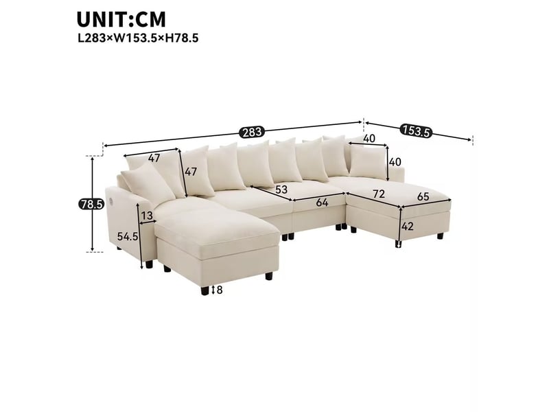  Canapé d'angle modulaire 6 places avec ports usb et usb-c, 2 poufs mobiles et 10 coussins flexibles  - Conforama E