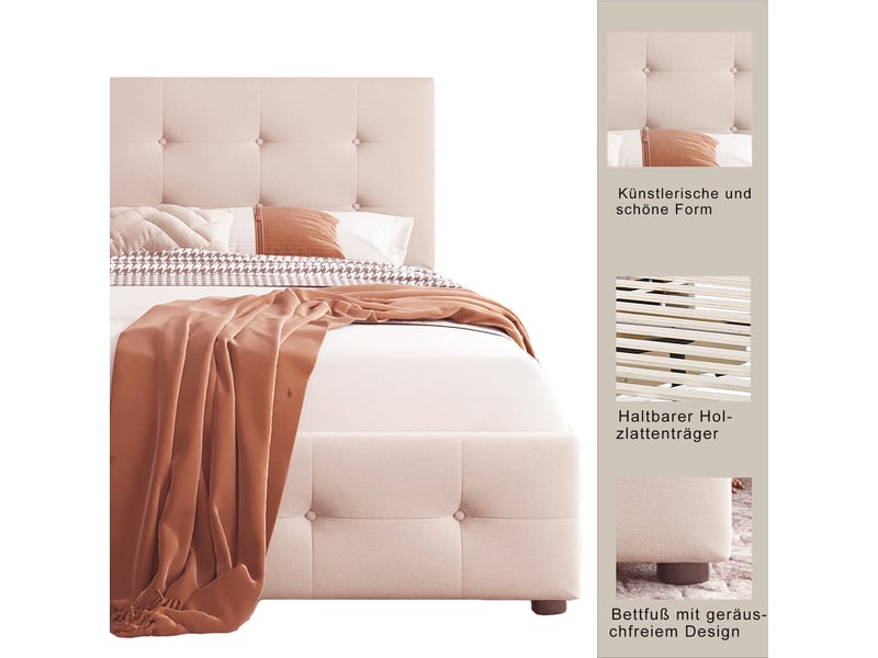 Lit enfant 90x200 cm avec 2 tiroirs, tête de lit réglable et sommier, velours, beige foncé, sans matelas - Conforama D