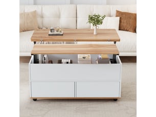 Table basse relevable 100x98 cm avec rangement caché, tiroirs et roulettes, bois et blanc