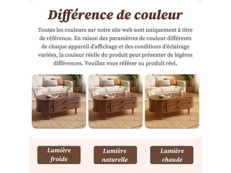  Table basse ovale effet noyer, avec 2 tiroirs, 100 x 50 x 40 cm  - Conforama R