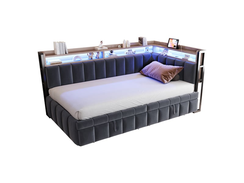 Canapé-lit 90 x 200 cm – avec lit gigogne – avec éclairage led – avec ports usb et type-c – gris foncé (matelas non inclus) - Conforama A