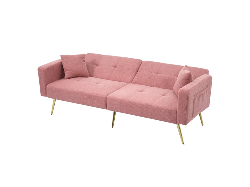 Canapé convertible rose en tissu bouclette, canapé inclinable sherpa 2 places avec pieds dorés et poches latérales, 175x64x72cm. - Conforama R
