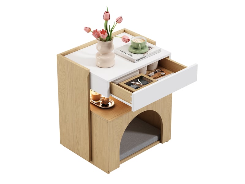 Table de chevet moderne avec niche intégrée et éclairage LED, 47 x 39 x 58 cm, panneau de particules, blanc et bois naturel - Conforama D