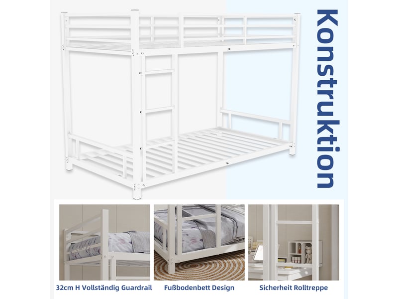 Lit superposé bas - 136cm - garde-corps 33cm - métal robuste - blanc - Conforama C