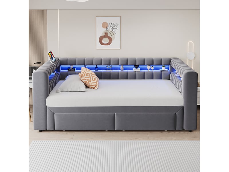  Couchage gigogne, 90x190 cm, 180x190 cm avec tiroirs, rangements, led, usb, matelas non inclus, velours, coloris gris  - Conforama E