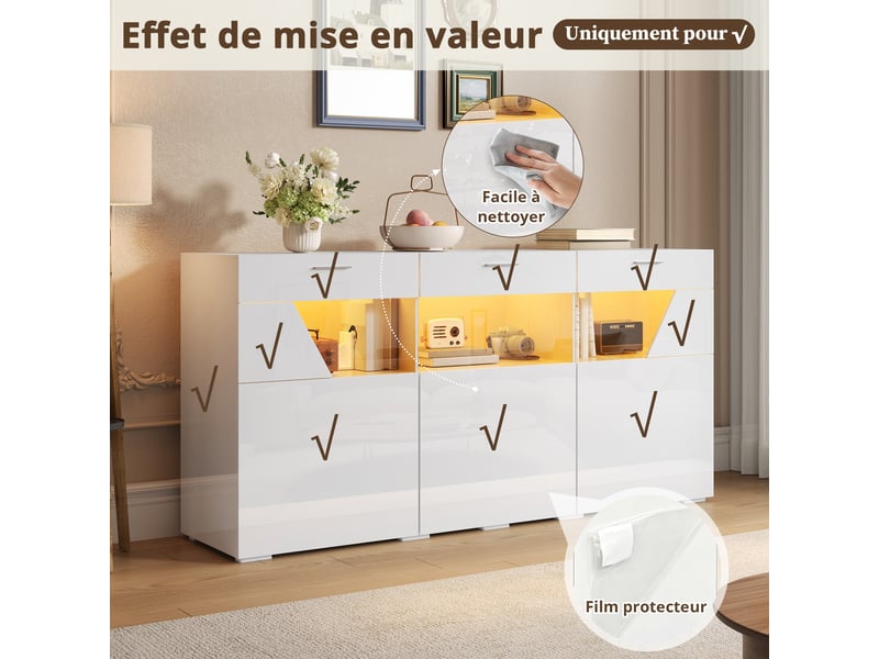 Buffet de rangement 160x38x78 cm, éclairage led, 3 portes, éléments vitrés, grand rangement pour salon et salle à manger - blanc GL008867W - Conforama E
