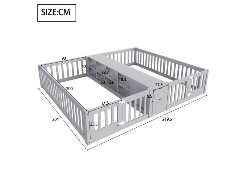  Lit double enfant 2 couchages en bois 90x200 cm-2 tiroirs-étagère centrale 2 niveaux-barrières hautes-pin mdf gris  - Conforama C