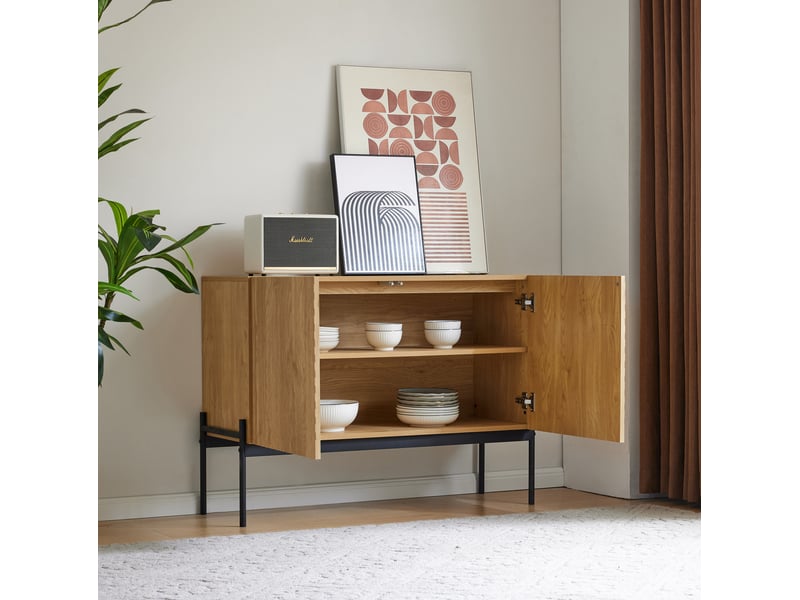  Buffet bas 2 portes avec pieds en métal, design à lignes, naturel, 100 x 40 x 75 cm  - Conforama B
