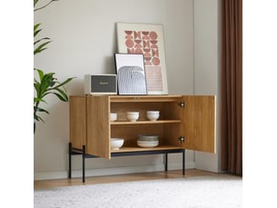Buffet bas 2 portes avec pieds en métal, design à lignes, naturel, 100 x 40 x 75 cm
