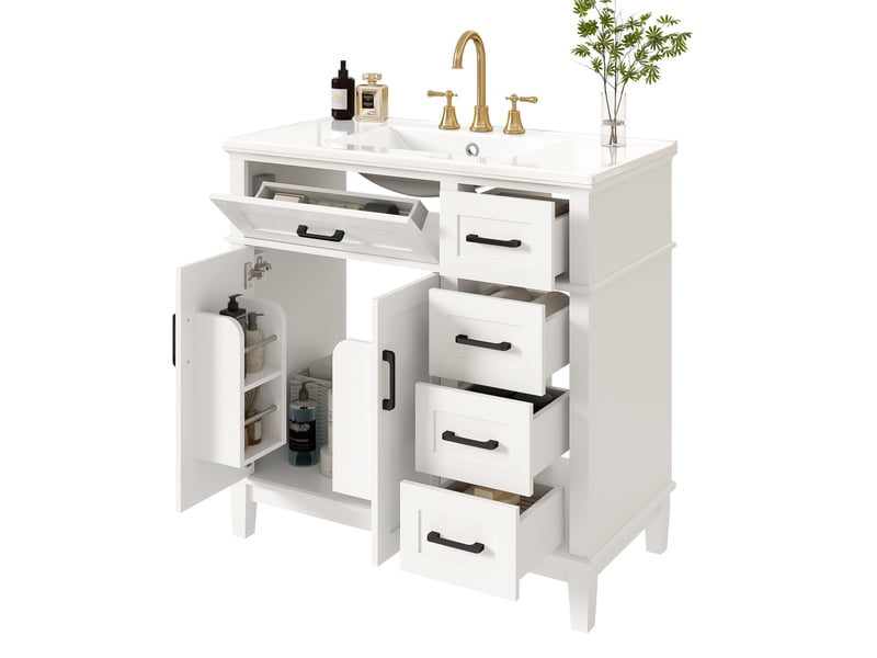  Meuble sous vasque avec lavabo en céramique, 5 tiroirs et 2 portes, pour salle de bain, blanc, 90 × 46 × 87 cm  - Conforama A