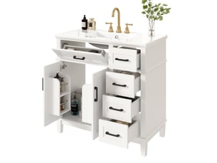 Meuble sous vasque avec lavabo en céramique, 5 tiroirs et 2 portes, pour salle de bain, blanc, 90 × 46 × 87 cm