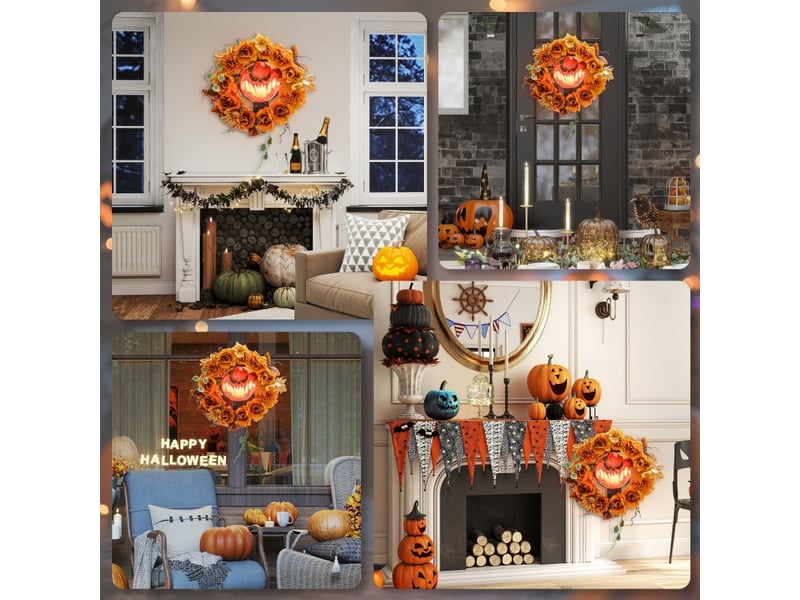  Couronne à suspendre halloween avec 44 led scintillantes, citrouille et feuillage, pour porte ou fenêtre, 44×9×44 cm  - Conforama C