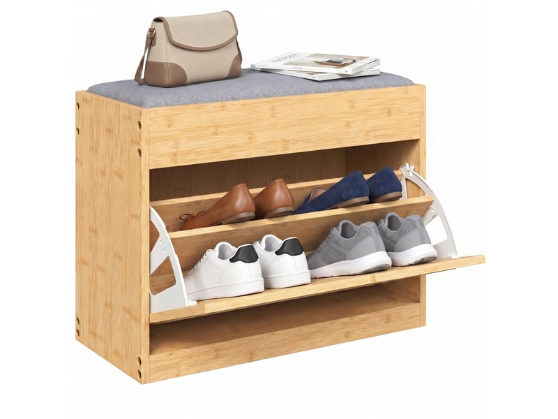  Banc chaussures entrée, banc de rangement en bambou, assise rembourrée, porte en rotin et étagère réglable, bois naturel  - Conforama A