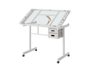 Table de dessin réglable en verre avec 2 tiroirs en tissu et 4 roulettes blanches