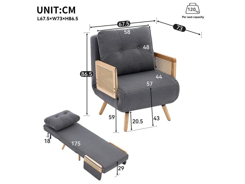 Fauteuil convertible 3 en 1 gris effet lin avec dossier 5 positions et accoudoirs en rotin  - Conforama C