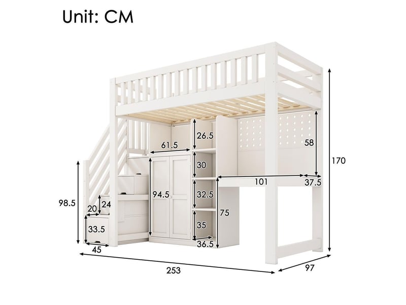  Lit mezzanine enfant blanc 90x200 cm avec bureau, armoire-échelle, penderie, étagères ouvertes, ports usb et usb-c, sommier à lattes, tout-en-un compact, sans matelas  - Conforama C