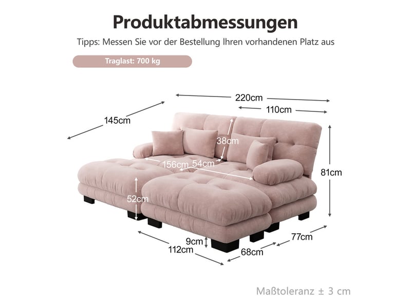  Canapé droit modulable 2 places, avec 2 coussins lombaires + 2 décoratifs, larges accoudoirs, 2 poufs, 220x145x81cm, chenille rose  - Conforama C