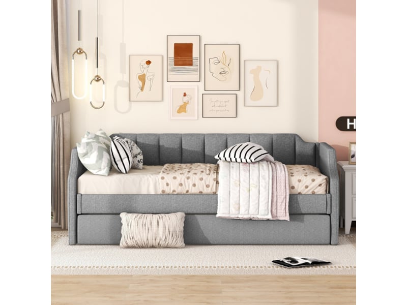  Lit gigogne 90x200 cm, lit enfant avec dossiers et accoudoirs, tissu en lin, gris, sans matelas  - Conforama C
