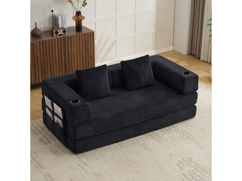  Canapé de sol convertible – velours côtelé – accoudoirs et porte-gobelet – 185 cm – noir  - Conforama E