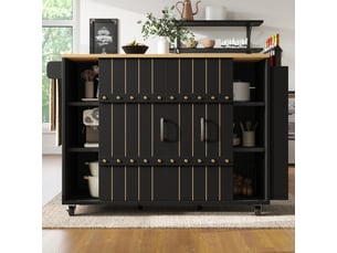 Îlot de cuisine noir avec portes coulissantes, desserte sur roulettes, chariot de cuisine avec porte-épices et porte-serviettes, plateau en mdf