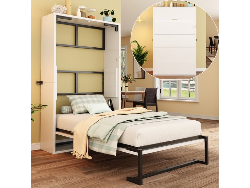 Lit escamotable 90x200cm - cadre en métal + panneau en bois - avec fixation murale verrouillable - blanc (matelas non inclus)  - Conforama B