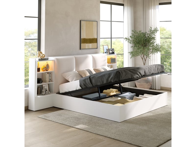  Cadre de lit plateforme (180 x 200 cm) avec tête de lit rembourrée, 6 compartiments de rangement, système de rangement hydraulique et bande lumineuse led, blanc  - Conforama B