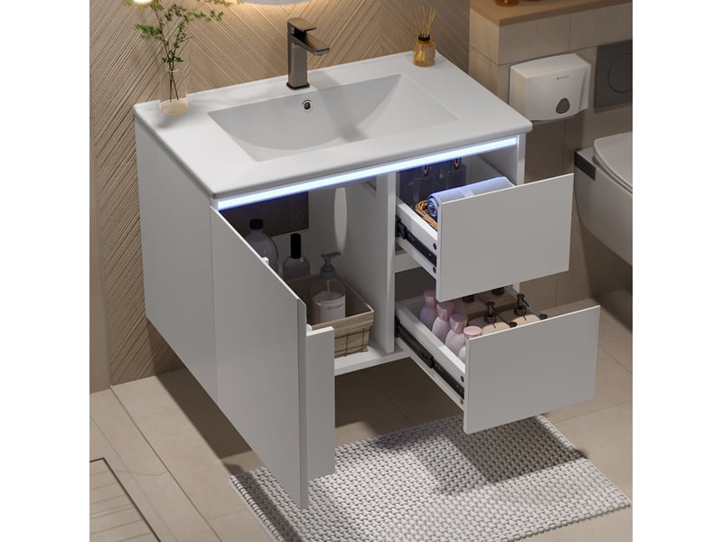 Meuble salle de bain suspendu 76x46x50 cm, meuble vasque avec lavabo céramique, 2 tiroirs, led, rangement, mdf blanc - Conforama E
