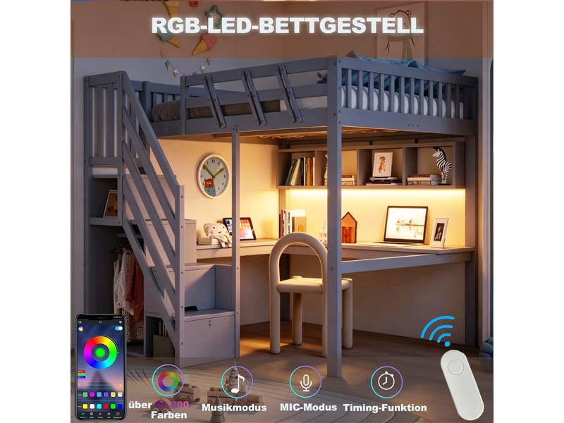  Lit mezzanine 140x200 cm en bois avec bureau, rangement, led et prise usb gris chicfurn  - Conforama E