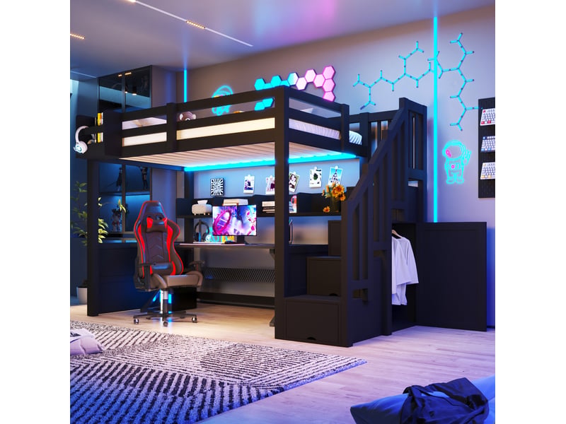  Lit mezzanine 90x200, noir, bois et mdf, doté de led, escalier avec armoire et rangements, sans matelas  - Conforama D