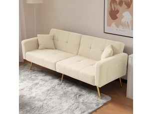 Canapé droit convertible 2 places 175 cm beige en sherpa, dossier 3 positions, poches latérales et pieds dorés