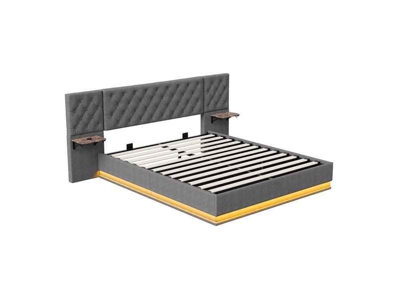 Lit coffre 2 places européen 160x200 cm, lit adulte, rangement, 2 chevets, led, recharge sans fil, port usb, lin gris - Conforama E