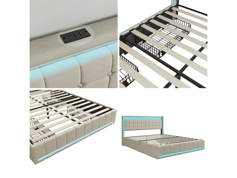  Lit adulte 140x200 avec 4 tiroirs de rangement et led rgb - tête de lit connectée usb &amp; usb-c - tissu beige foncé moderne  - Conforama D