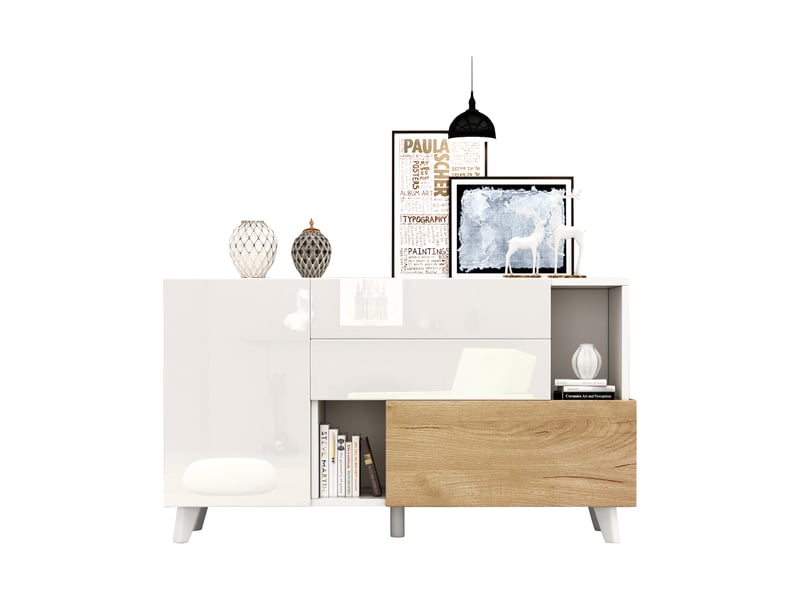 Buffet salle à manger 130x40x70 cm, meuble bas blanc laqué avec 2 tiroirs intégrés et porte sans poignée, design - Conforama A