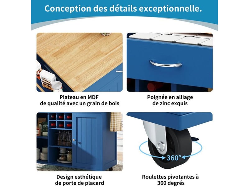 Îlot de cuisine - moderne - bleu - mdf et métal - rangement flexible  - Conforama C