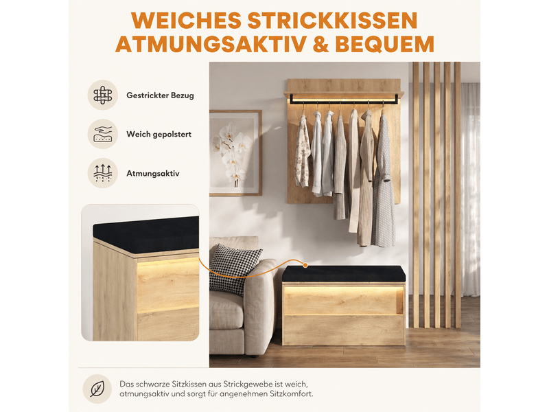  Vestiaire d'entrée 180x47x200 cm avec armoire, miroir, banc rembourré, led, 2 penderies et 4 tiroirs, mdf anthracite et chêne OMNIGLINT TRADING LTD - Conforama E