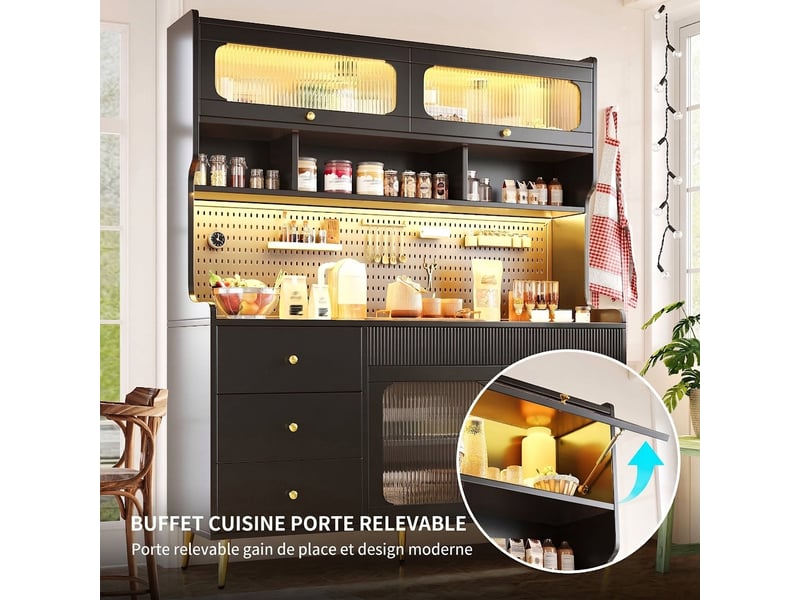  Buffet haut noir 1 porte relevable meuble de rangement étroit avec éclairage led 145x39x171 cm  - Conforama D