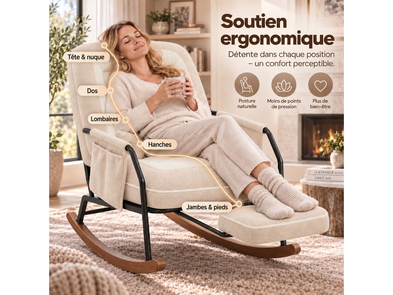  Fauteuil à bascule moderne avec dossier inclinable 100°-160°, repose-pieds escamotable, coussin en fausse fourrure de lapin,beige  - Conforama E
