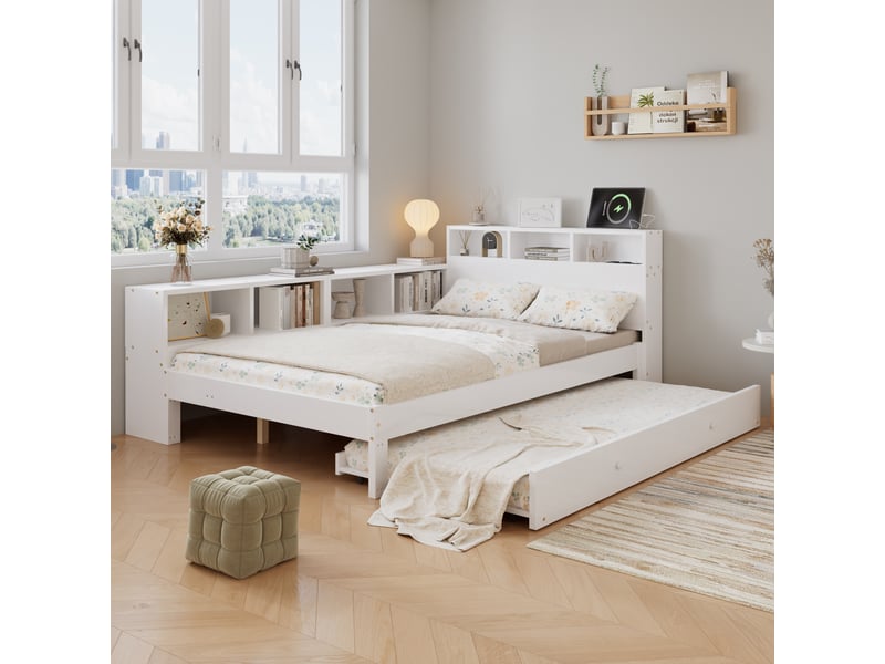  Lit enfant en bois 120x200 cm, lit d'appoint 90x190 cm, étagère latérale et station de charge, blanc avec rangement  - Conforama D